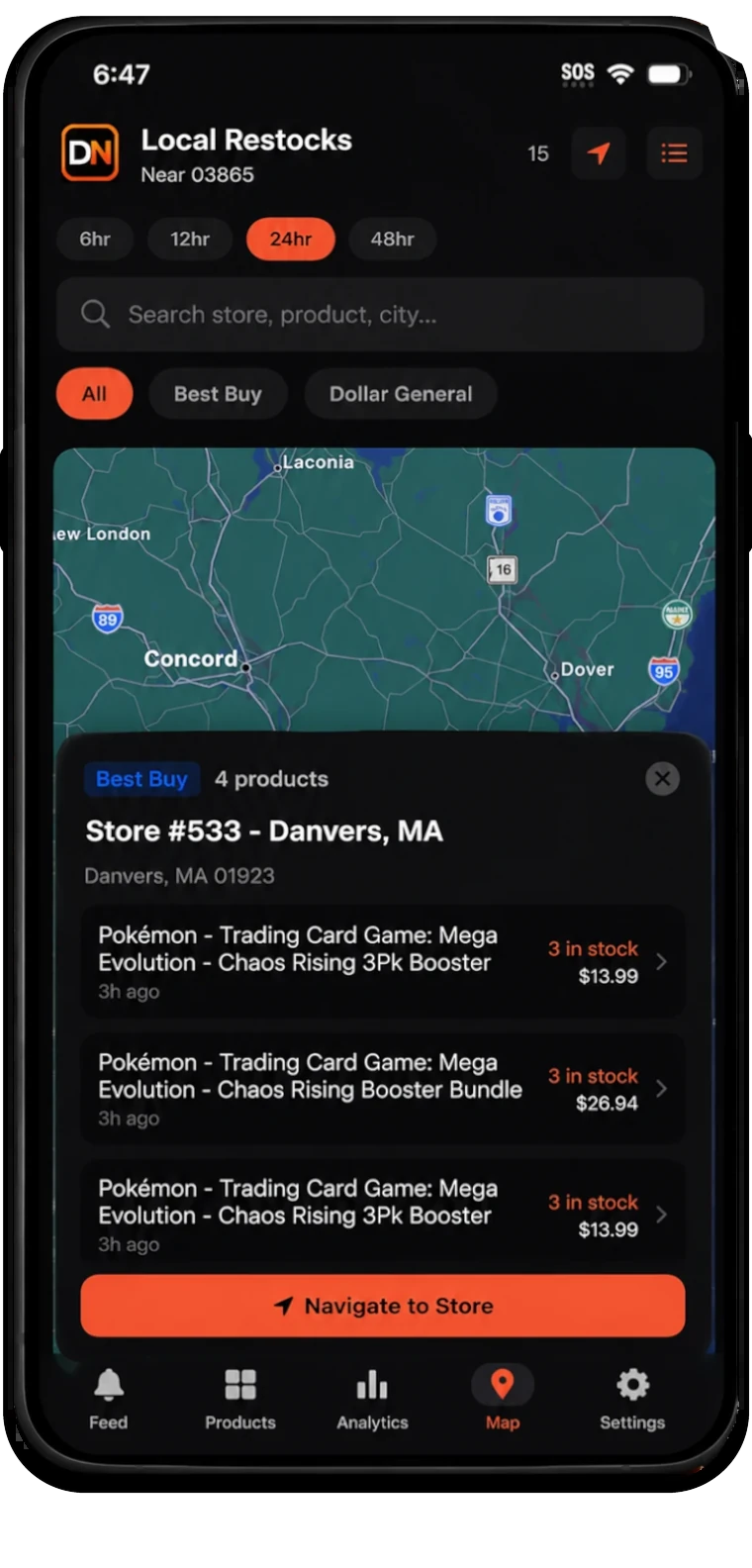 DropNotify app showing local restock map, nearby store inventory, filters, and navigation