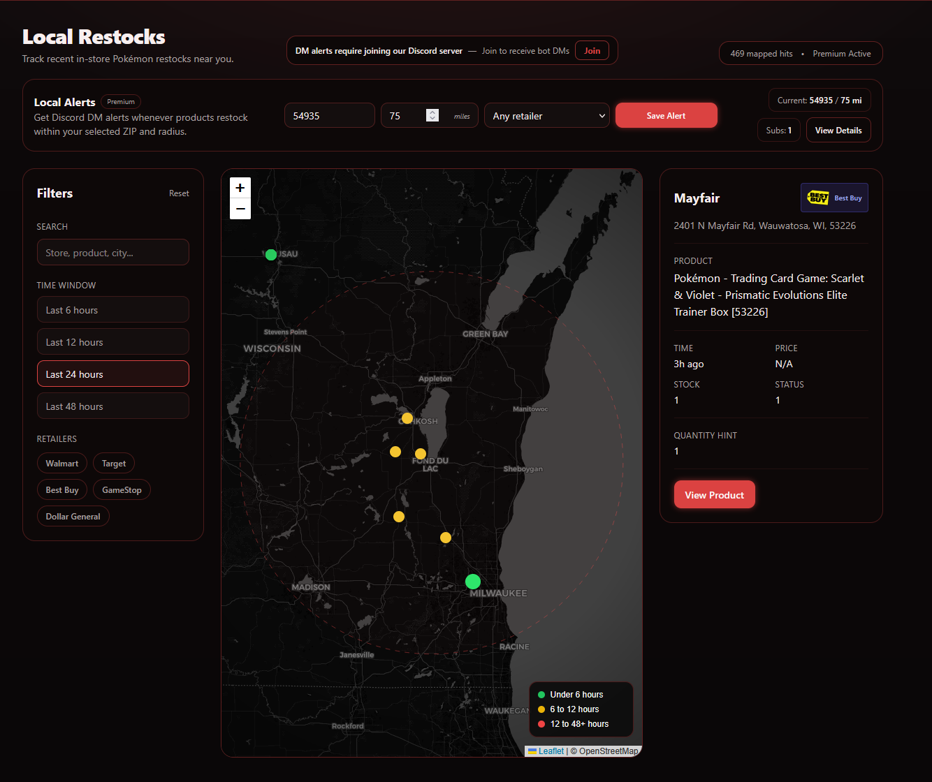 DropNotify dashboard showing local restock map and alert controls